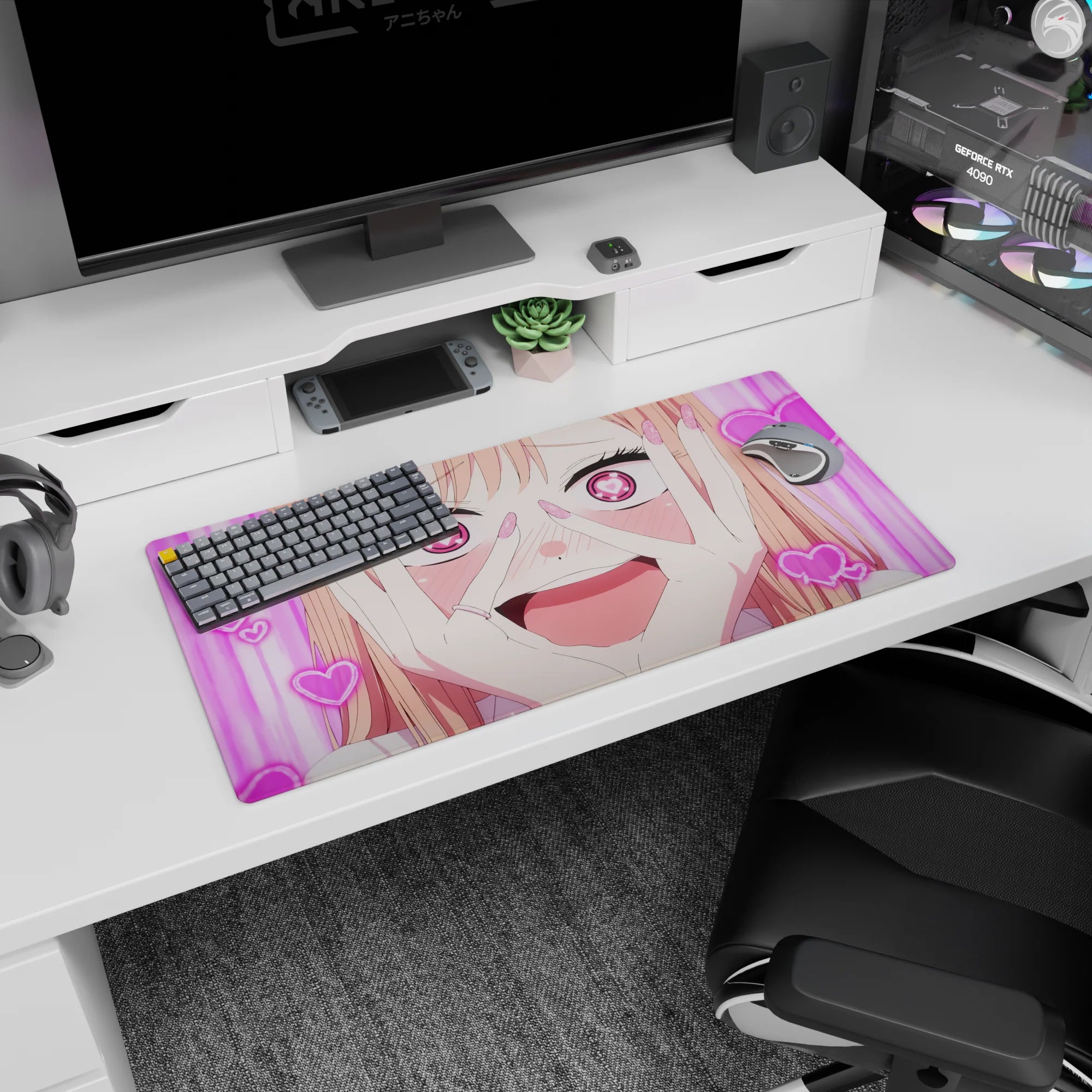 Happy anime girl with peach hair and heart pupils, glitter nails on cheeks, mouse pad 32x16 inches.