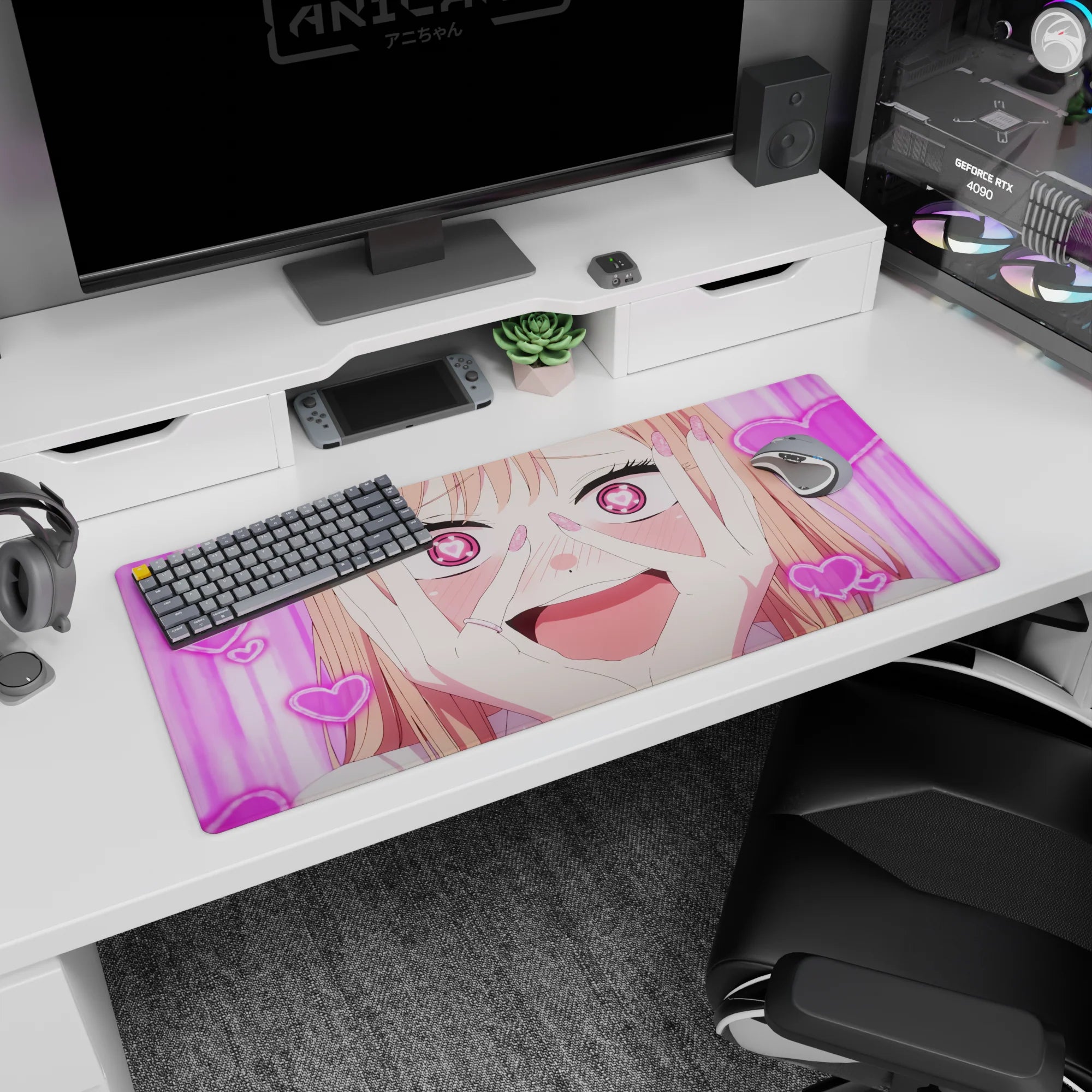 Peach-haired anime girl grinning with hands on cheeks on a 36x16 inches extended desk pad.