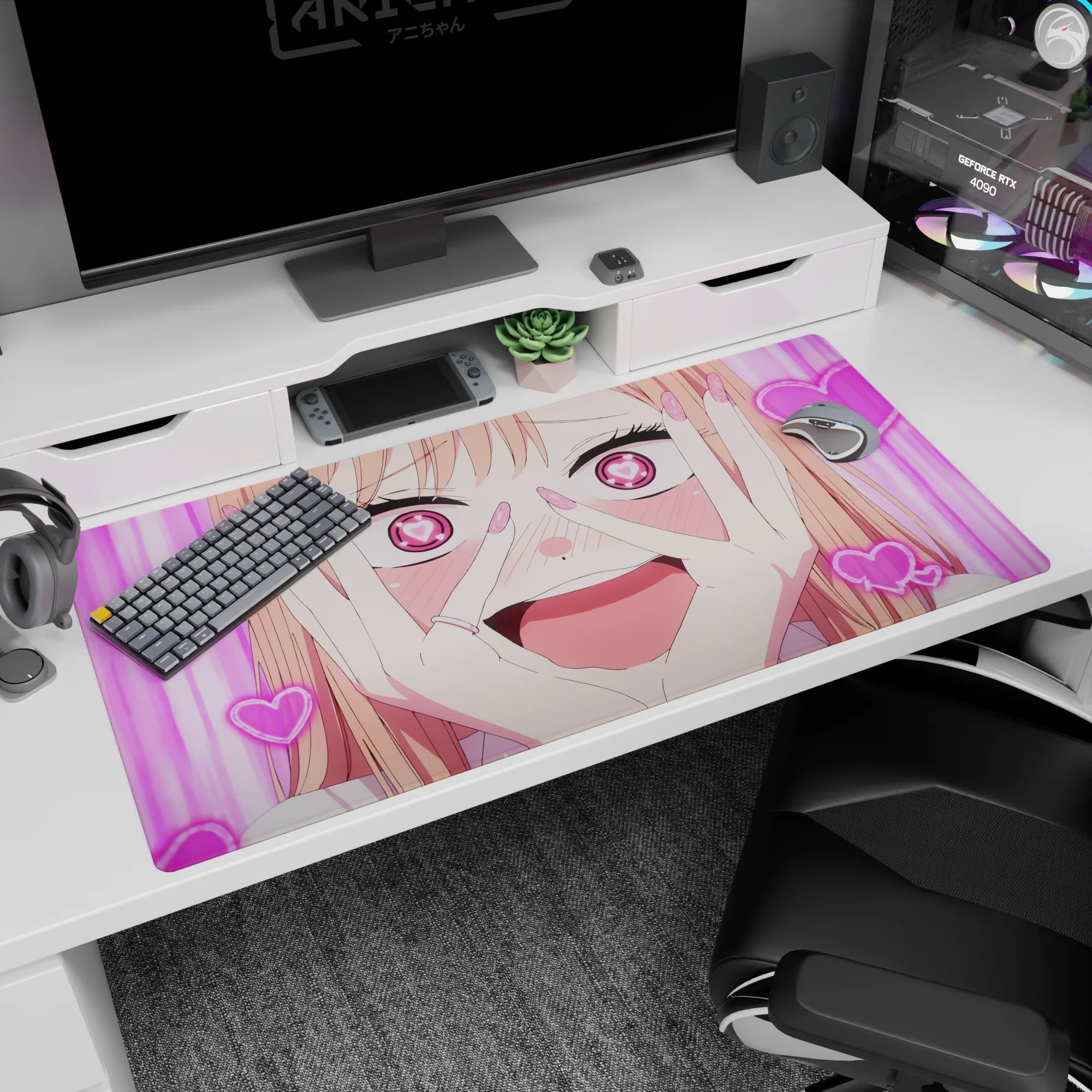 Peach-haired anime girl grinning with heart pupils on desk pad 40x20 inches, nails to cheeks.