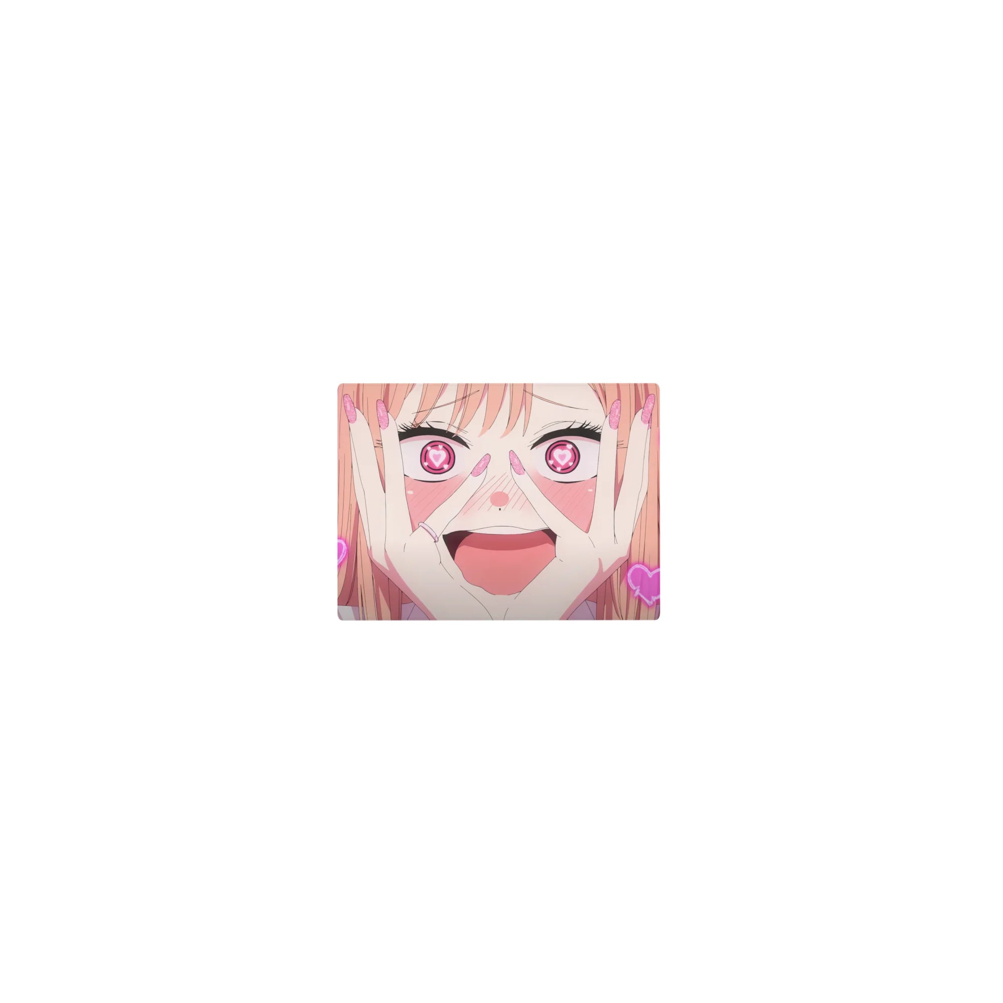 Classic anime girl mouse pad 14x10 inches with heart-pupil eyes, peach hair, and doodle hearts.