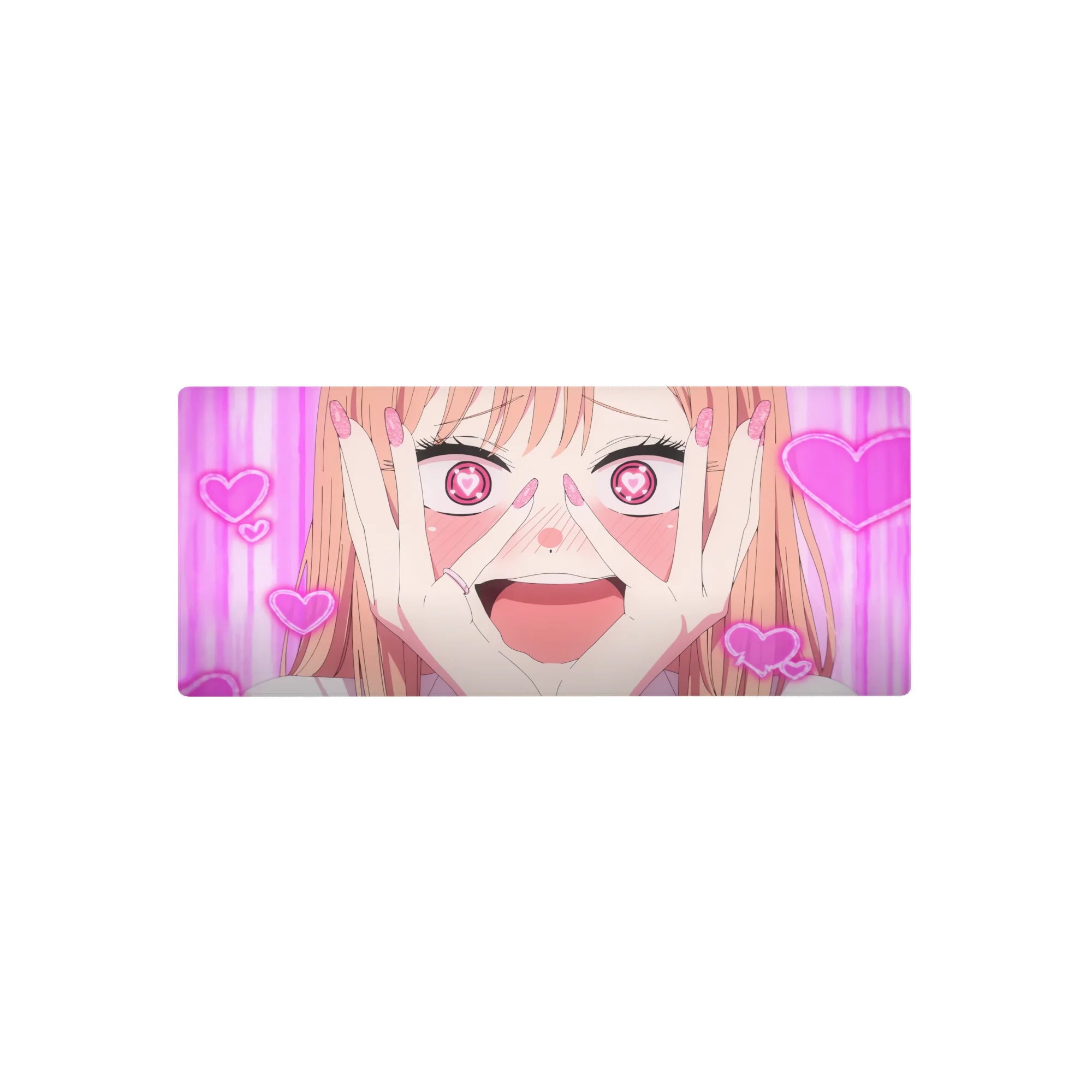 Cute anime girl mouse pad 28x12 inches with heart eyes, peach hair, and neon heart doodle background.