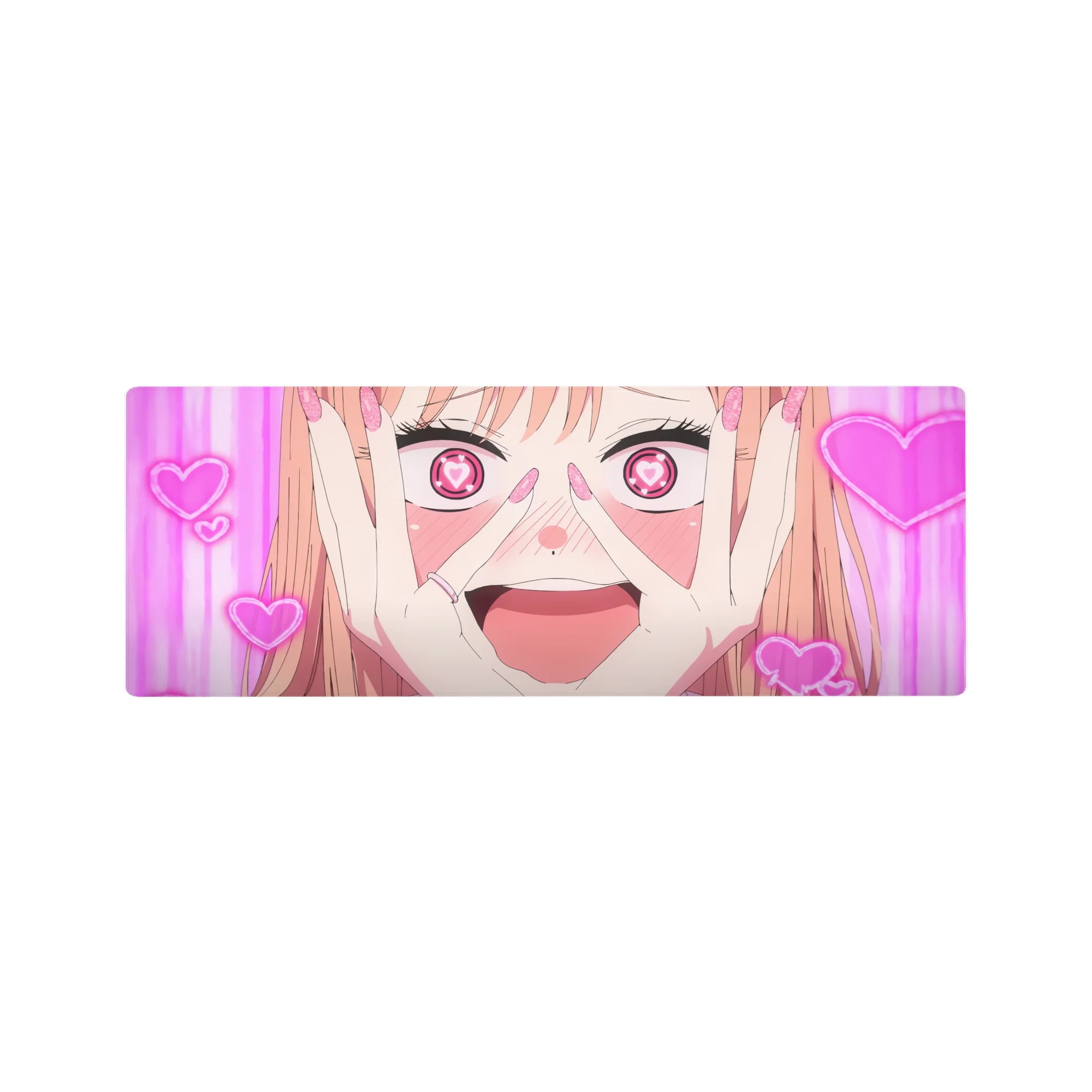 32x12 inches anime girl mouse pad with heart-eye doodles, peach hair, magenta stripes, and neon hearts.