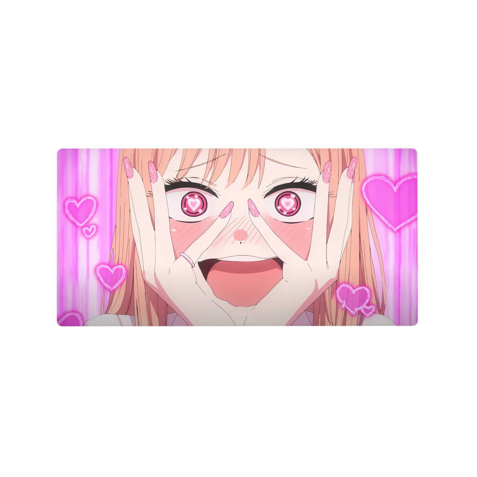 Anime girl mouse pad 32x16 inches with heart-eye doodle girl, magenta stripes, neon hearts, cute desk pad.