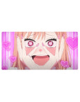 Anime girl mouse pad 32x16 inches with heart-eye doodle girl, magenta stripes, neon hearts, cute desk pad.