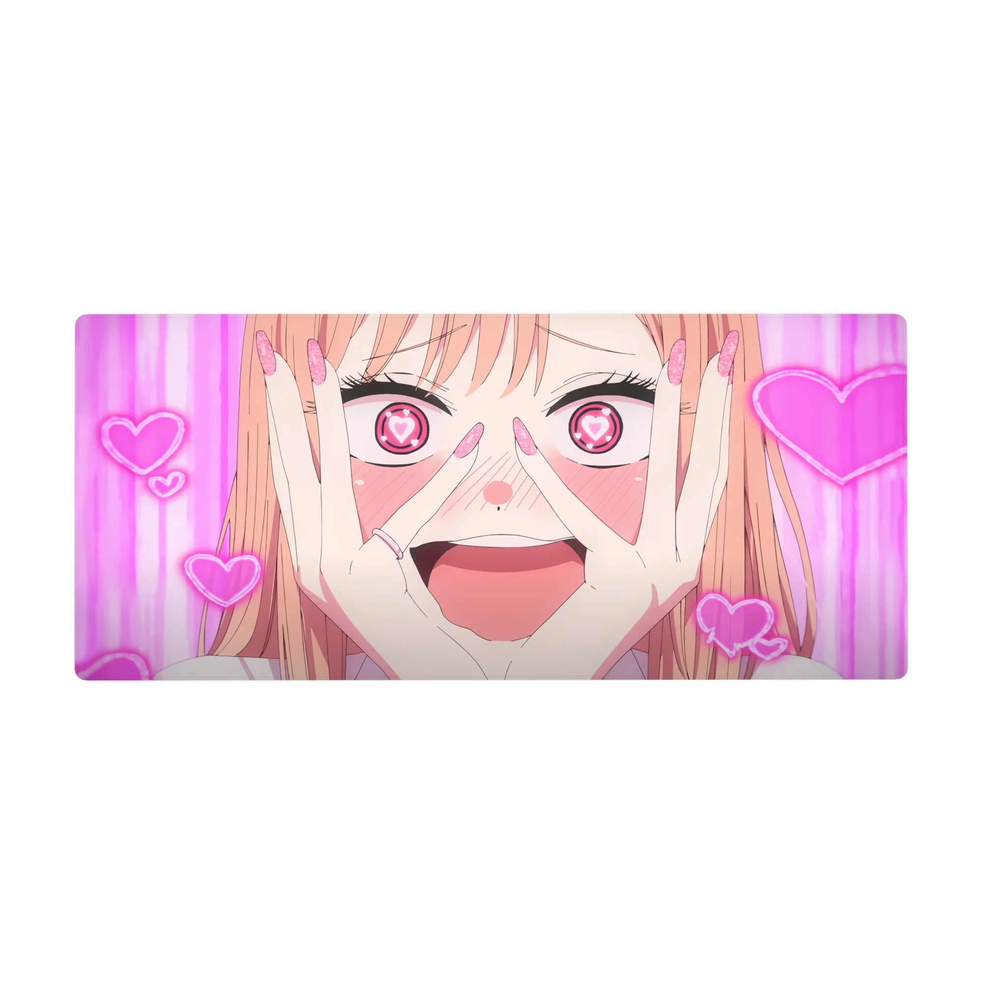 Anime girl desk pad 36x16 inches with heart-pupil doodle face, magenta stripes, and neon hearts.