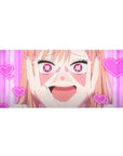 Anime girl desk pad 36x16 inches with heart-pupil doodle face, magenta stripes, and neon hearts.