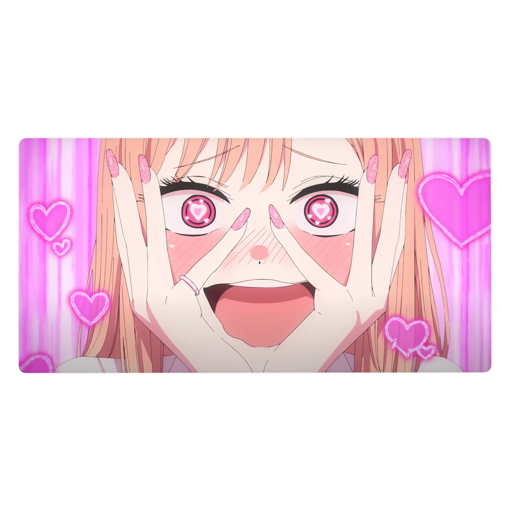 Anime girl desk pad 40x20 inches with heart-eye doodles, magenta stripes, and cute rom-com style.