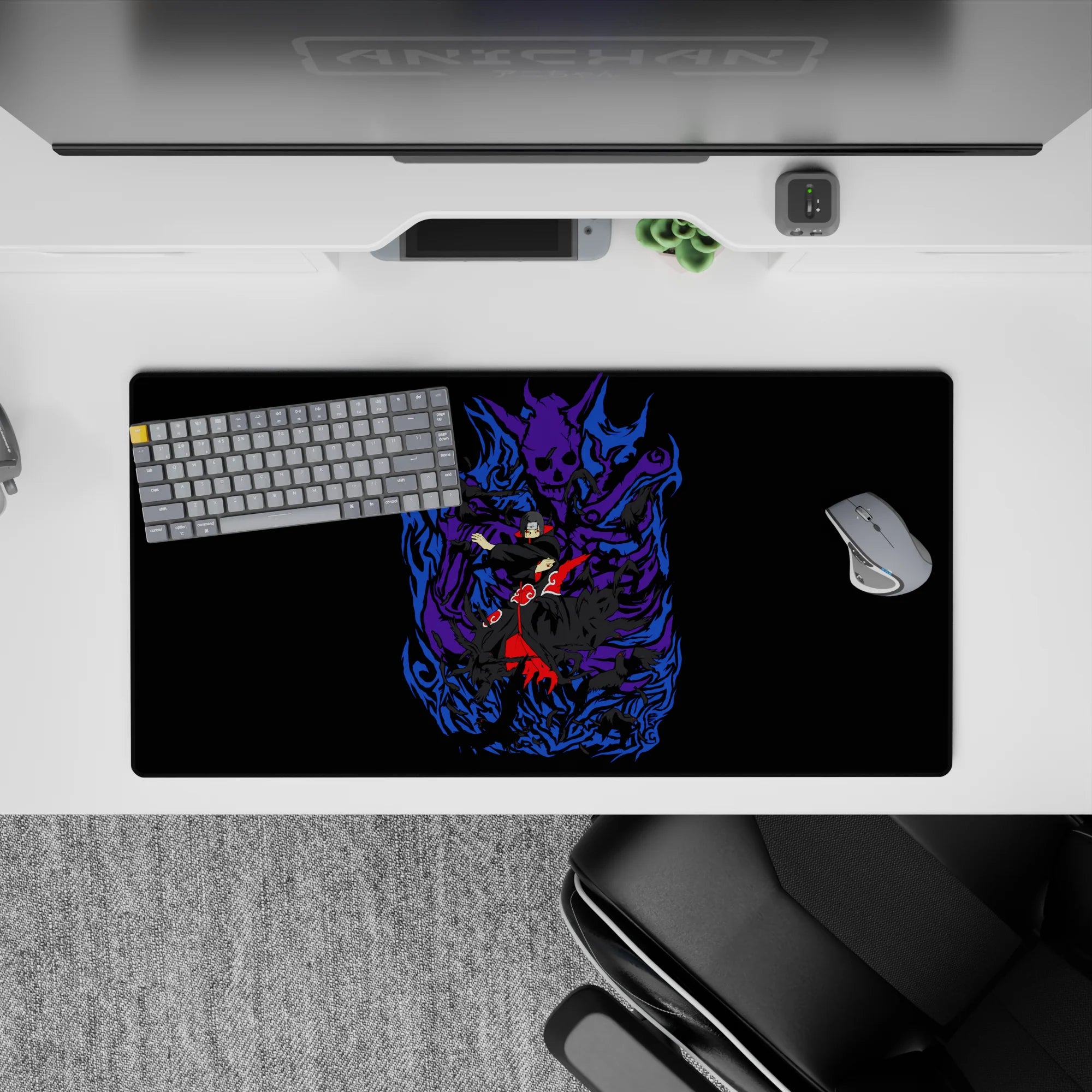 Anime mouse pad 32x16 inches featuring Itachi Uchiha from Naruto with Susanoo, vivid purple flames, and Akatsuki cloak.