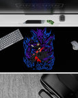 Anime desk pad 40x20 inches featuring Itachi Uchiha from Naruto with Susanoo, purple flames, and Akatsuki cloak.