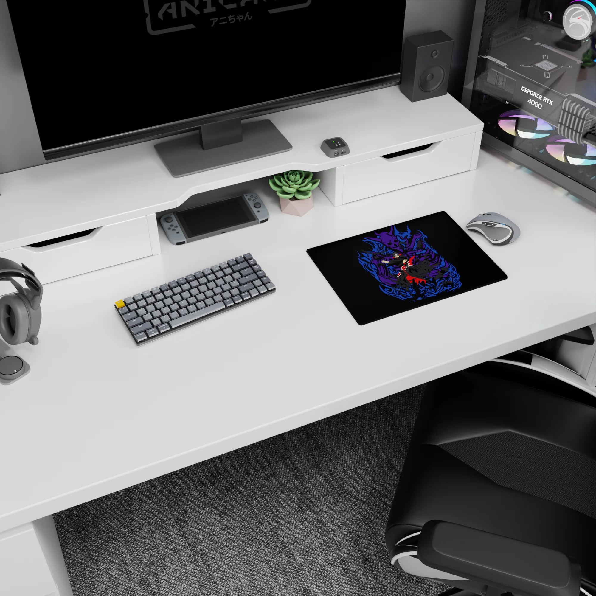 Itachi Uchiha mouse pad 14x10 inches featuring Susanoo with purple flames and Akatsuki cloak from Naruto in bold style.