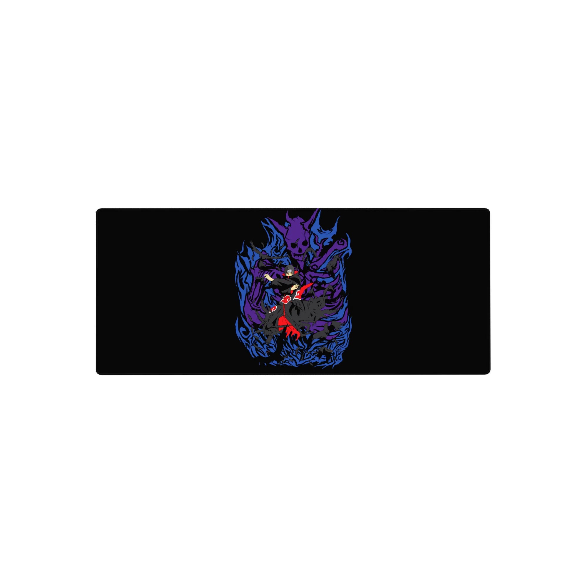 Anime mouse pad featuring Itachi Uchiha from Naruto with Susanoo, size 28x12 inches, vivid purple and crimson design.
