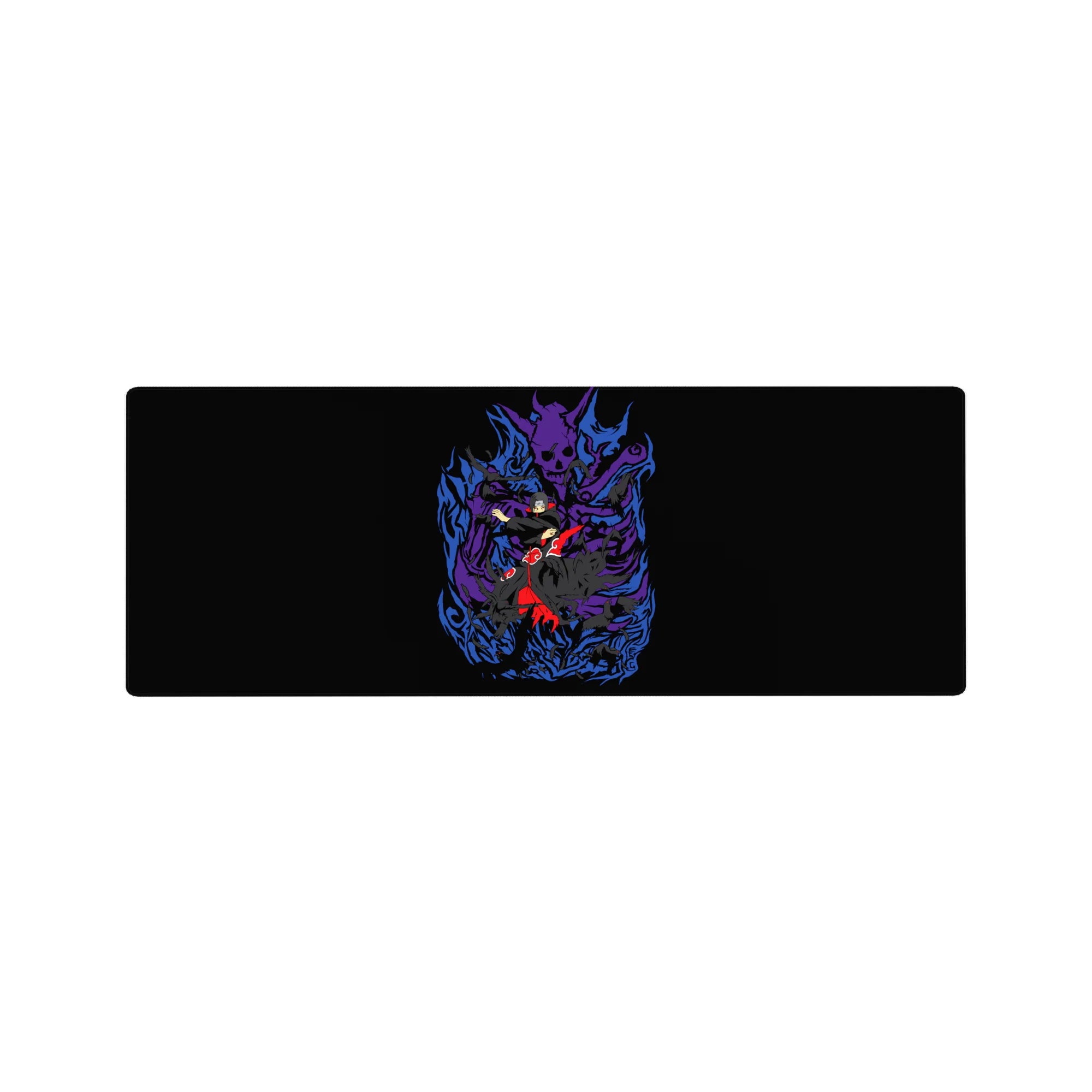 Anime mouse pad 32x12 inches featuring Itachi Uchiha from Naruto with Susanoo in vivid purple flames and Akatsuki cloak.