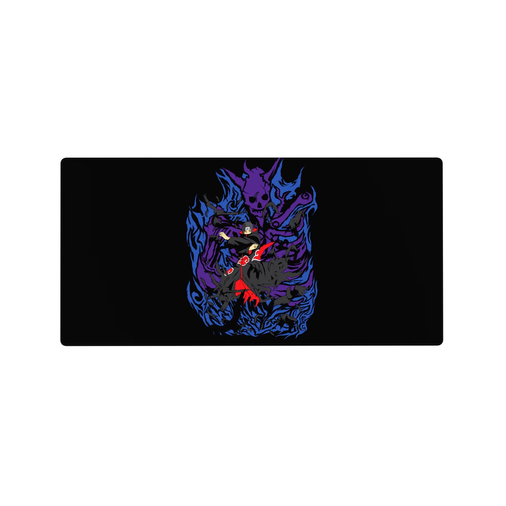 Anime mouse pad 32x16 inches featuring Itachi Uchiha from Naruto with Susanoo, purple flames, and Akatsuki cloak.
