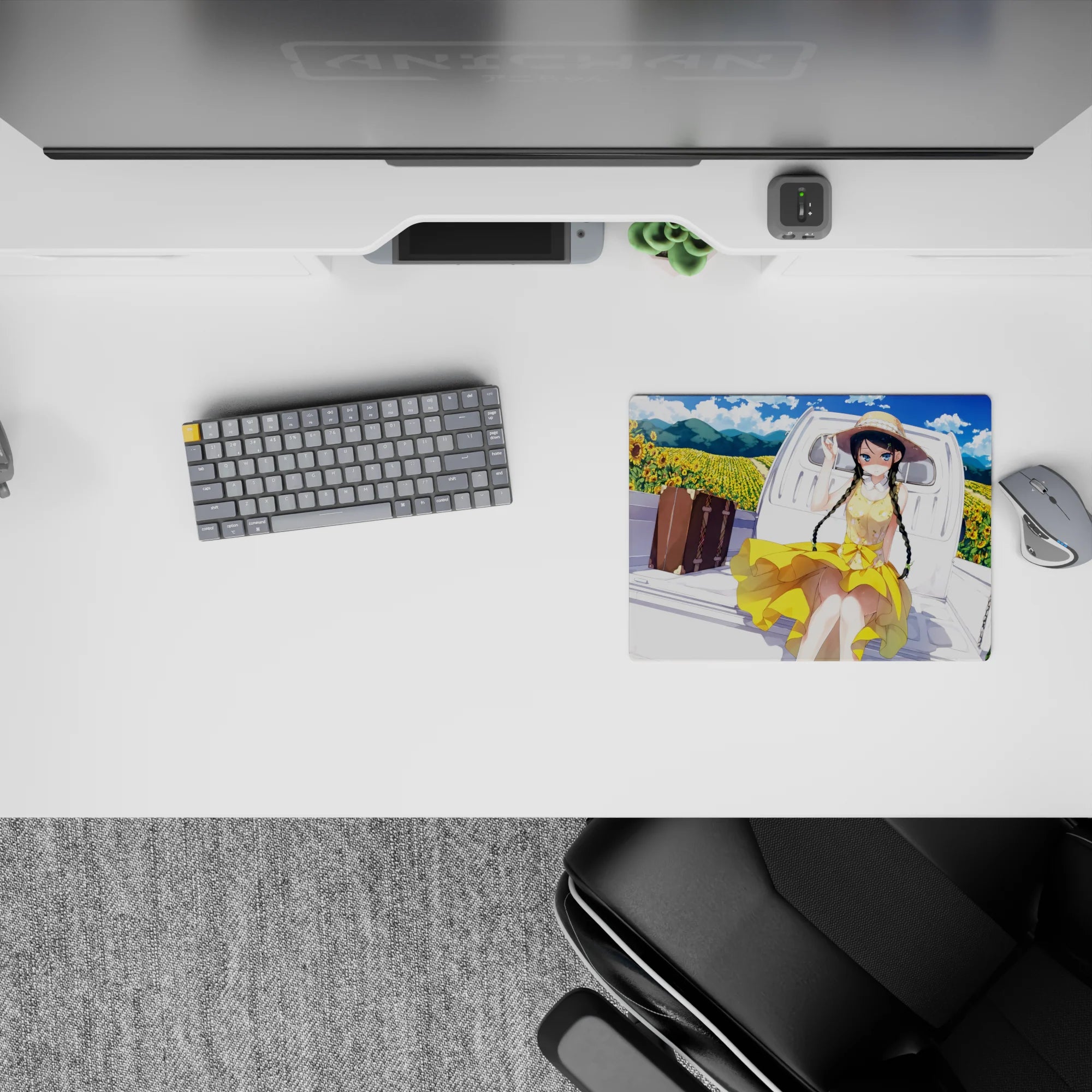 Bright summer anime mouse pad 14x10 inches in warm yellows and blue sky, soft dreamy feel.