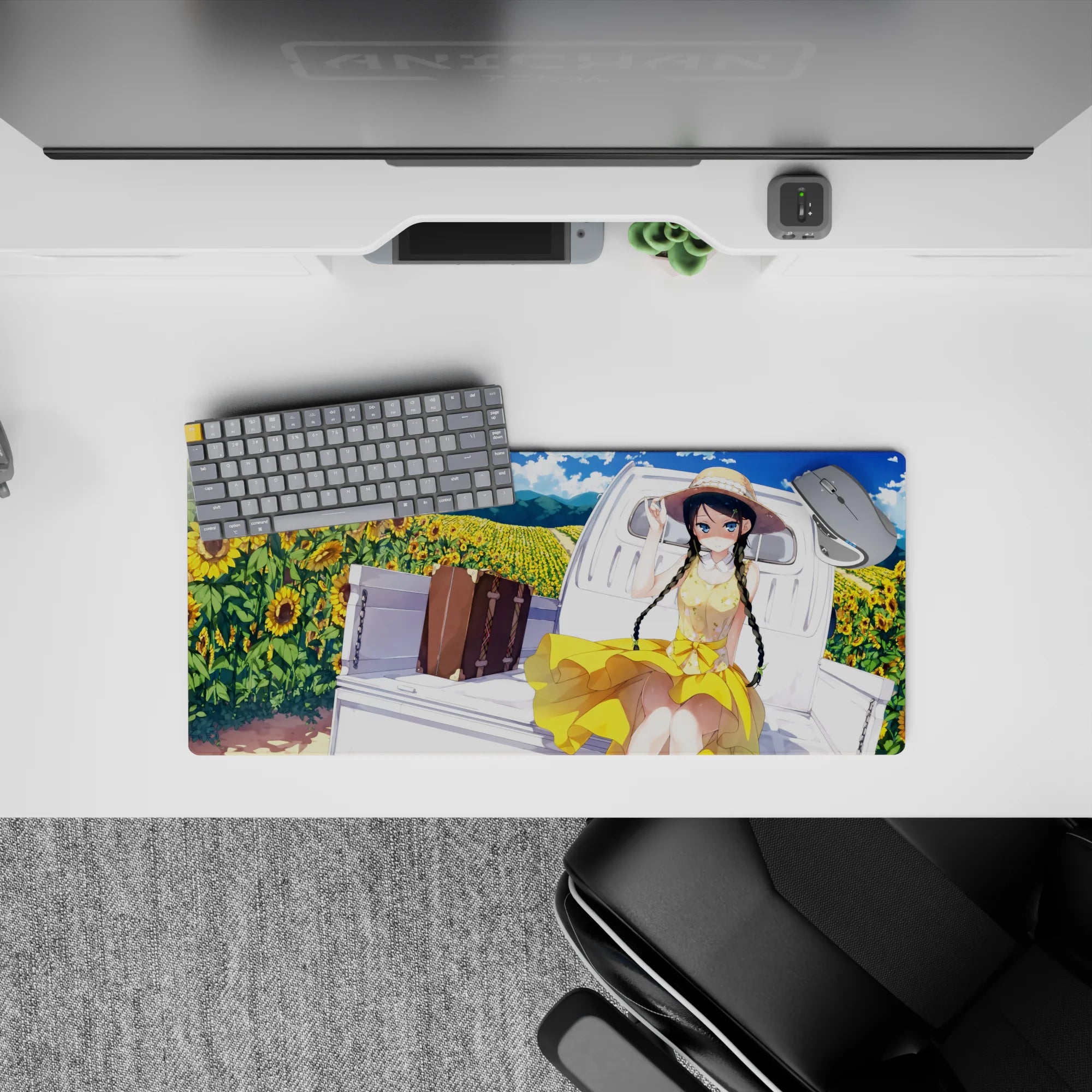 Sunny yellow anime desk mat 28x12 inches with blue sky, warm summer tones, dreamy vibe.