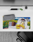 Sunny yellow anime desk mat 28x12 inches with blue sky, warm summer tones, dreamy vibe.