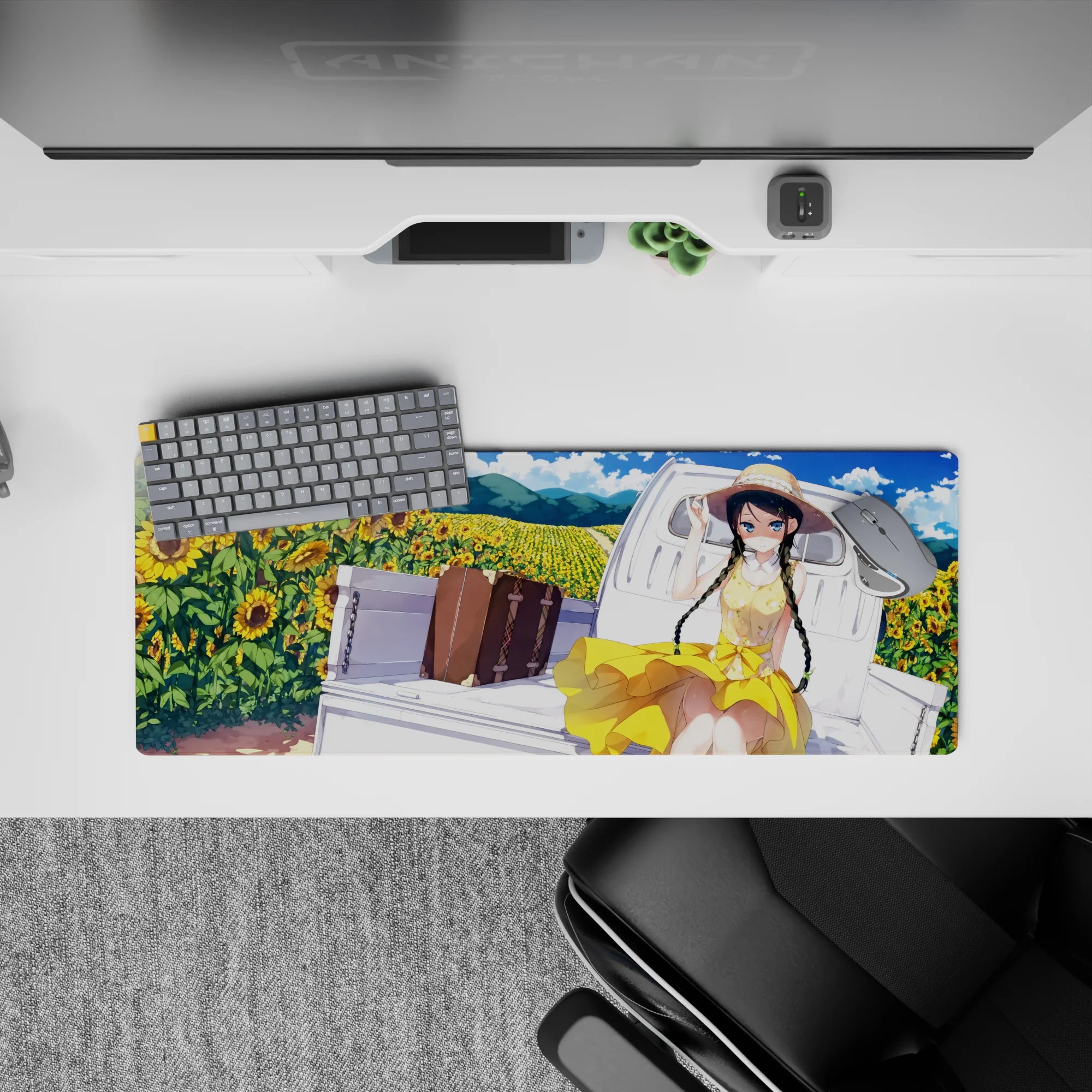 32x12 inches desk mat in warm summer yellows and blues, dreamy sunflower scene with fluffy clouds.