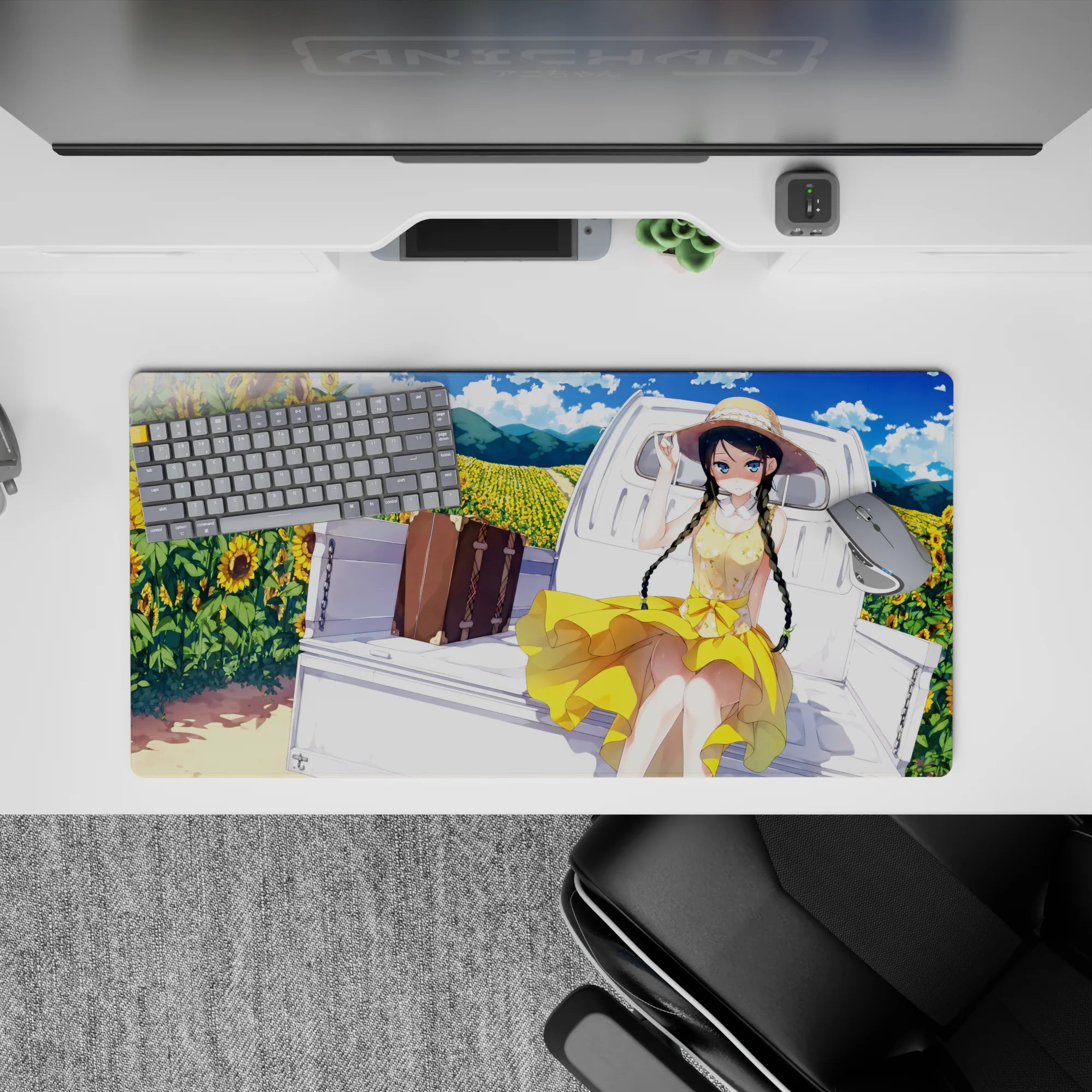 Sunny yellow and sky blue anime girl mouse pad 32x16 inches, warm summer vibes with fluffy clouds.