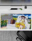 Sunny yellow and sky blue anime girl mouse pad 32x16 inches, warm summer vibes with fluffy clouds.
