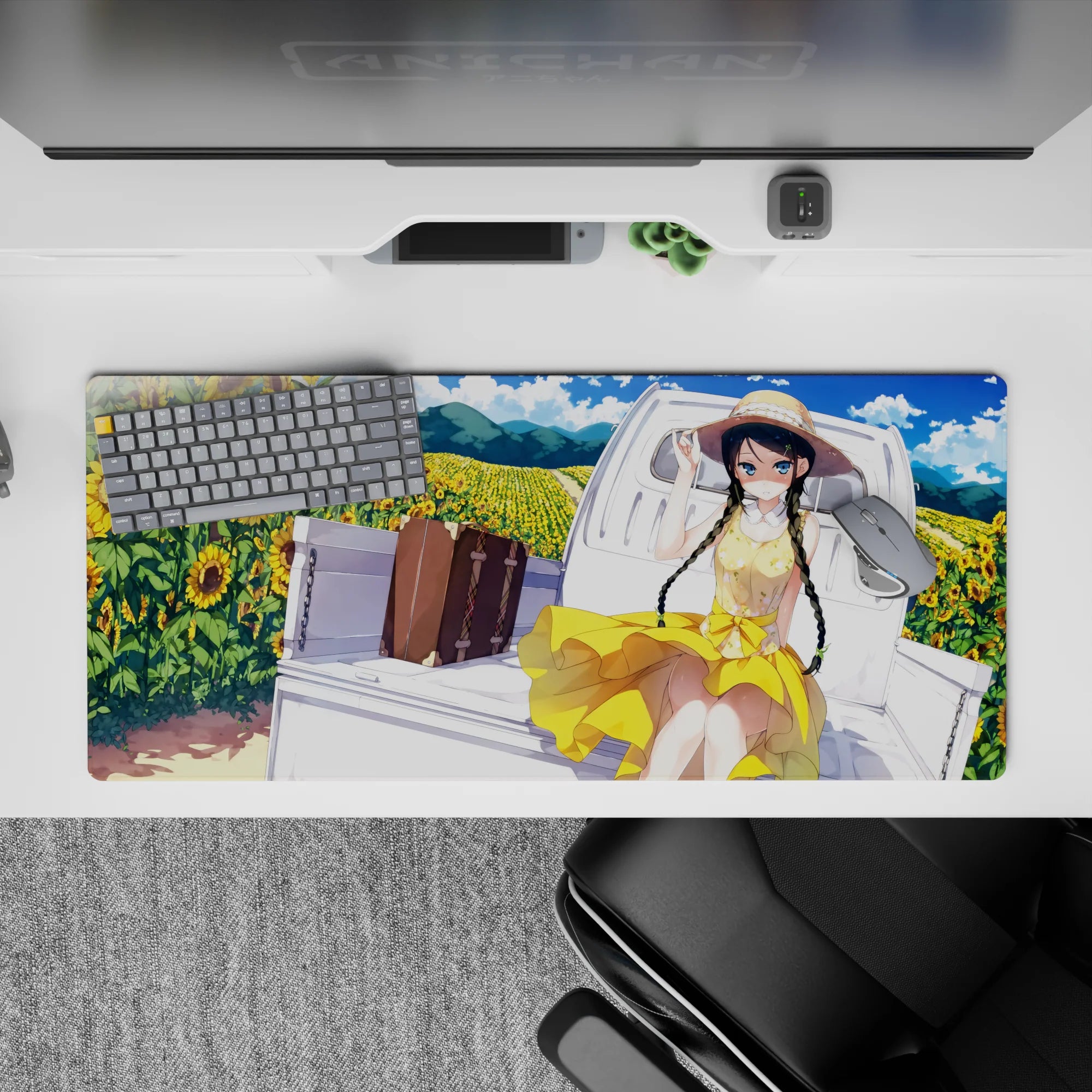 Sunny yellow anime desk pad 36x16 inches in warm summer tones with bright sunflowers and dreamy clouds.