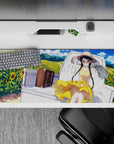 Sunny yellow anime desk pad 36x16 inches in warm summer tones with bright sunflowers and dreamy clouds.