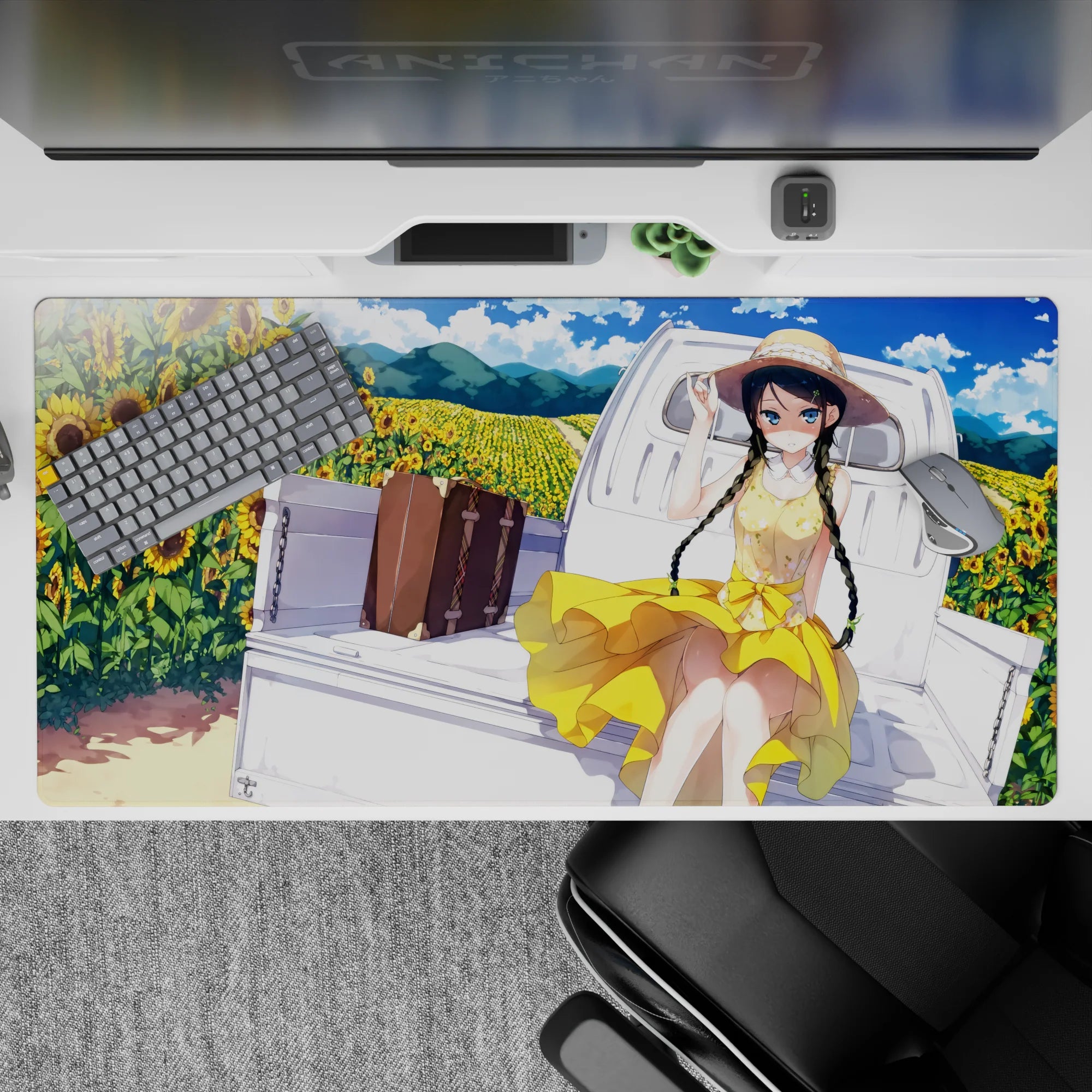 Summer pastel anime desk pad 40x20 inches in warm yellows, blue skies, and fluffy clouds, dreamy feel.