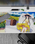 Summer pastel anime desk pad 40x20 inches in warm yellows, blue skies, and fluffy clouds, dreamy feel.