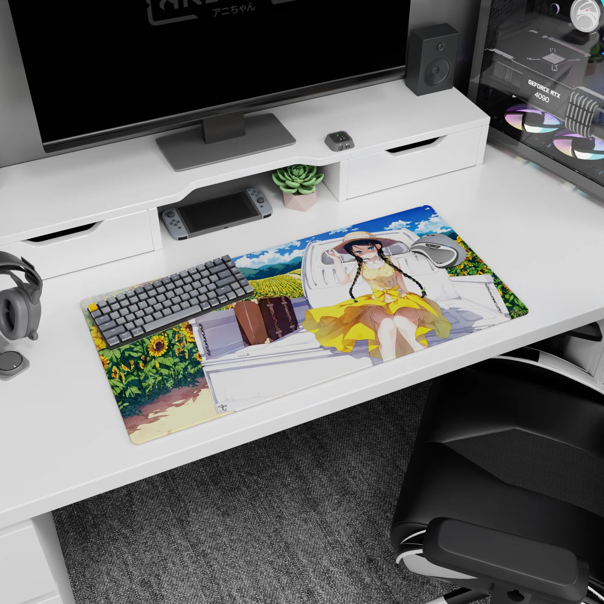 Shy bright-eyed anime girl in straw hat and yellow dress on a truck bed, mouse pad 32x16 inches.