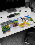 Shy anime girl on a white truck bed in sunflowers, straw hat and braids, desk pad 36x16 inches.