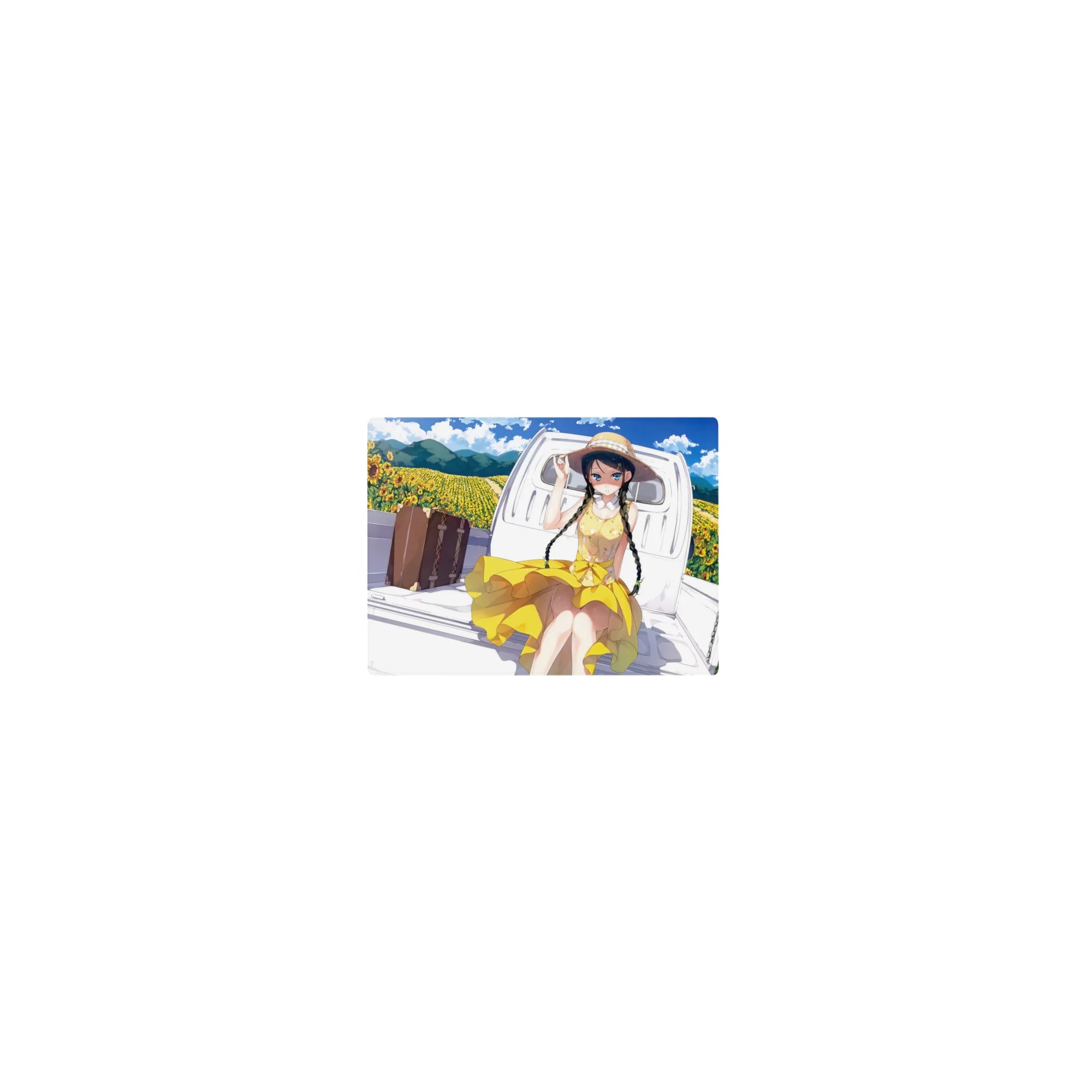 Classic anime girl mouse pad 14x10 inches, sunflower field backdrop with girl on white truck bed.