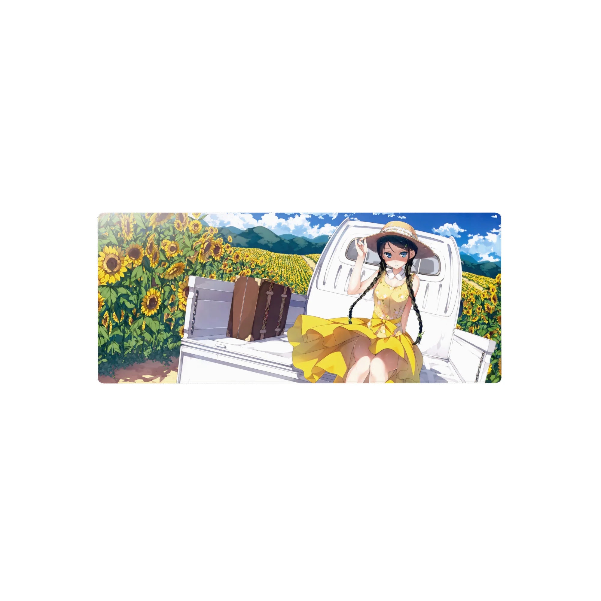 Anime girl mouse pad 28x12 inches with sunflower field, girl on white truck bed, straw hat and suitcase.