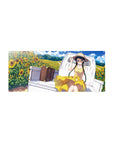 Anime girl mouse pad 28x12 inches with sunflower field, girl on white truck bed, straw hat and suitcase.