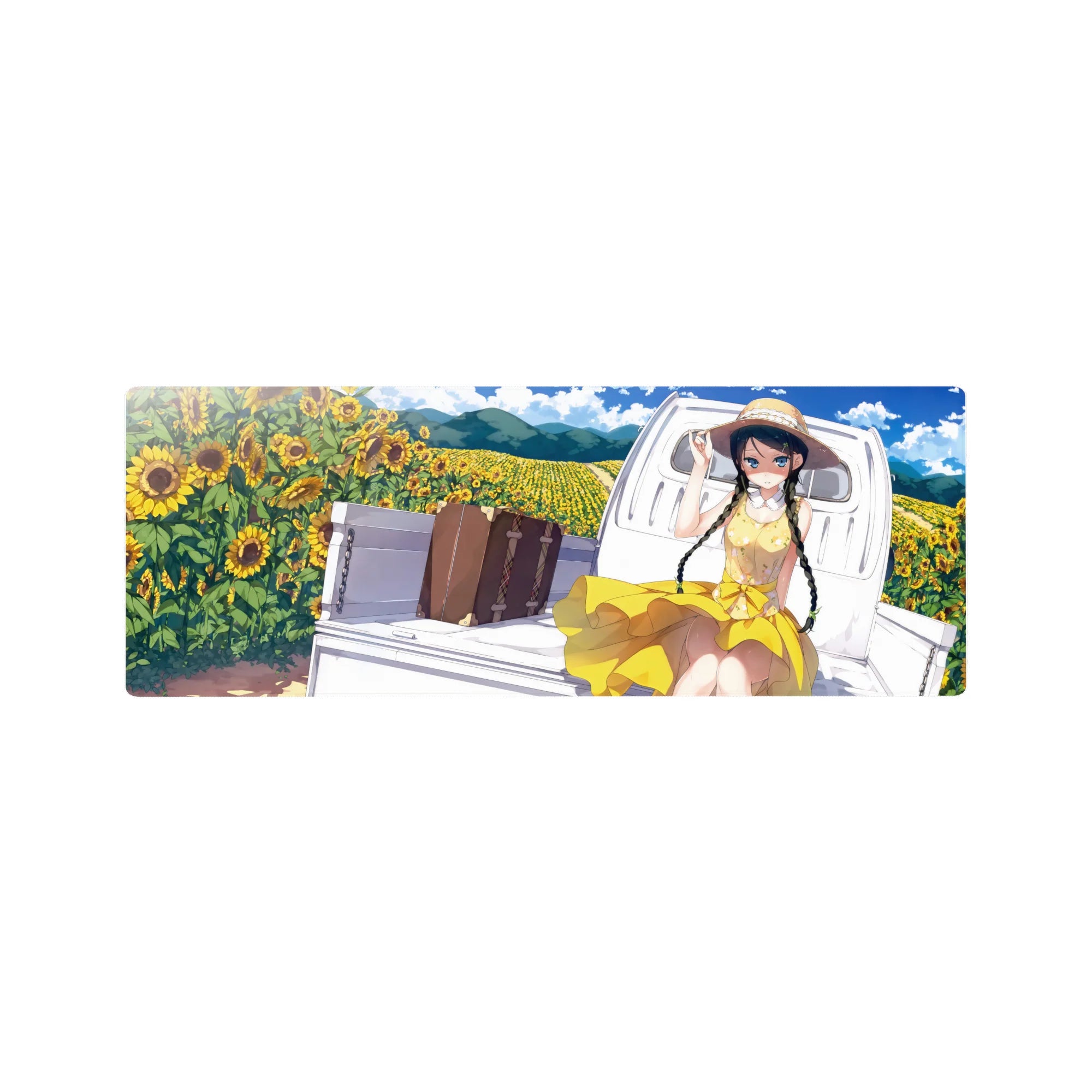 32x12 inches anime girl mouse pad with sunflower field, girl on white truck bed, suitcase, blue sky.