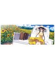 32x12 inches anime girl mouse pad with sunflower field, girl on white truck bed, suitcase, blue sky.