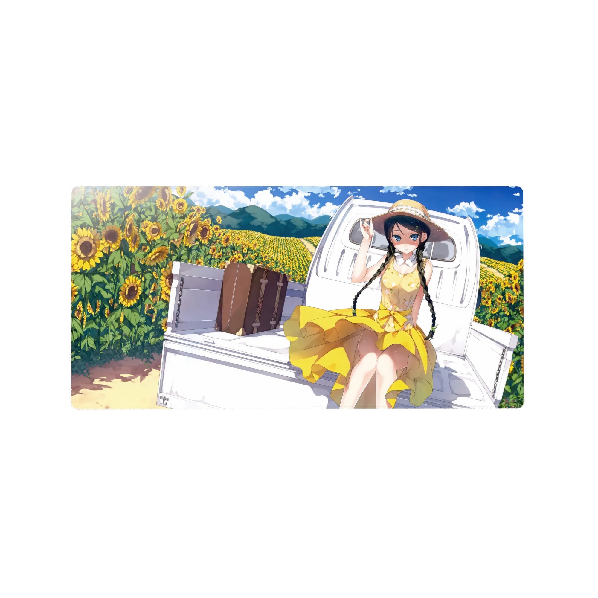 Anime girl mouse pad 32x16 inches with sunflower field, white truck bed, blue sky, and suitcase.