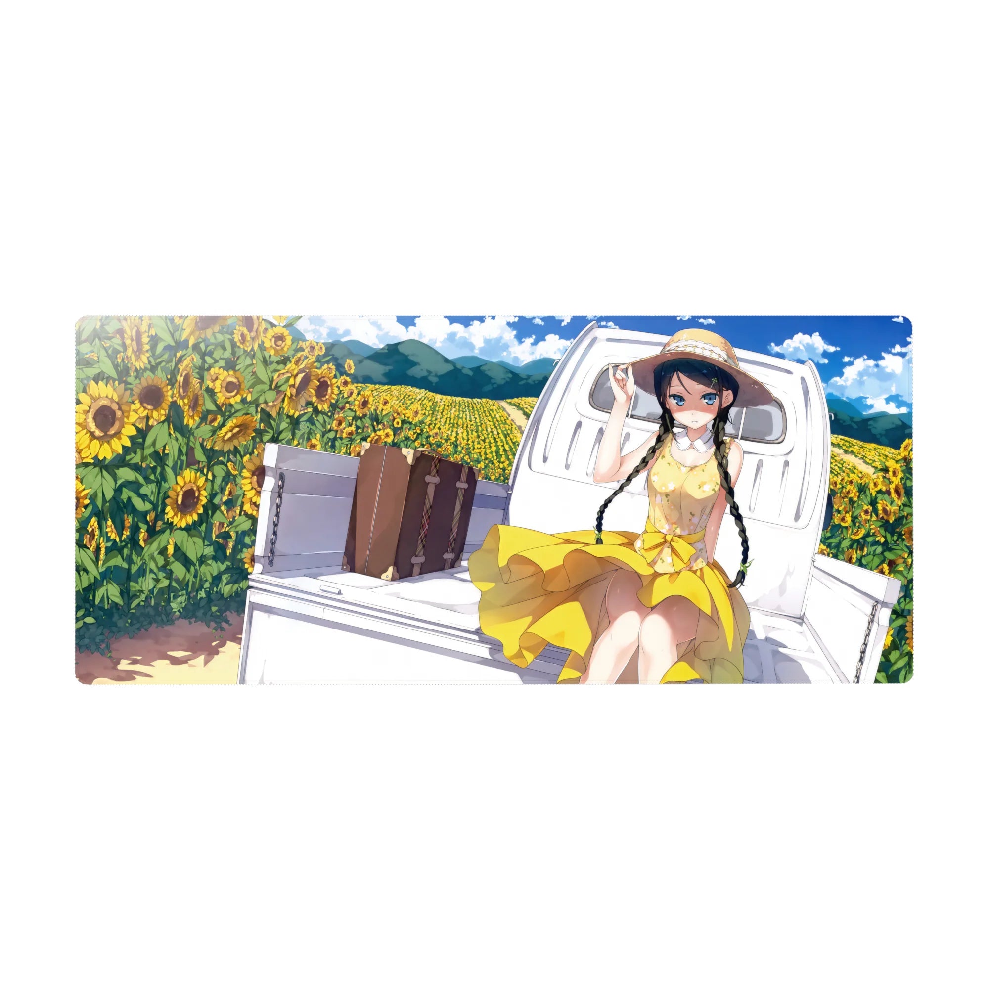 Anime girl desk pad 36x16 inches with sunflower field, white truck bed, suitcase, blue sky backdrop.