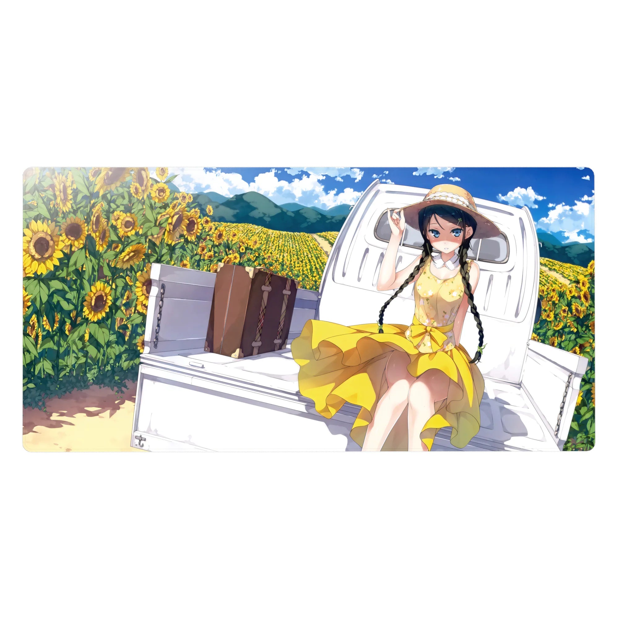 Anime girl desk pad 40x20 inches with sunflower field, white truck bed, straw hat, and yellow dress.