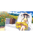Anime girl desk pad 40x20 inches with sunflower field, white truck bed, straw hat, and yellow dress.