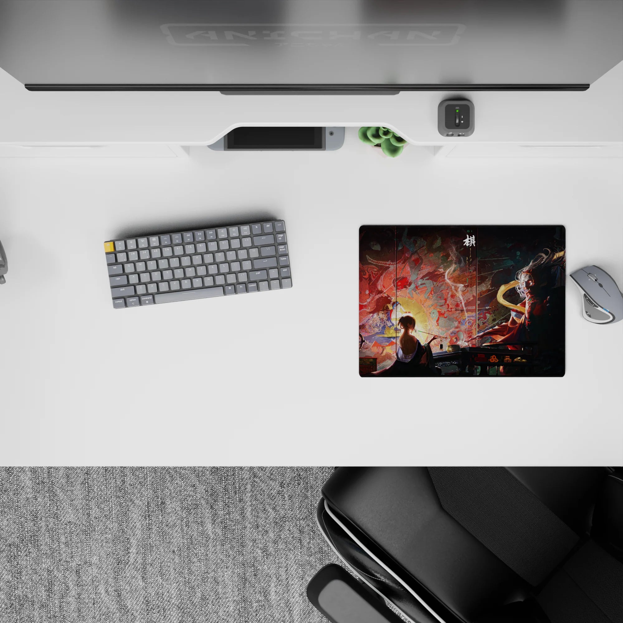 Dark, mystical anime mouse pad 14x10 inches featuring a lone figure painting amidst swirling demons and gods, perfect for fans of yokai and spirits.