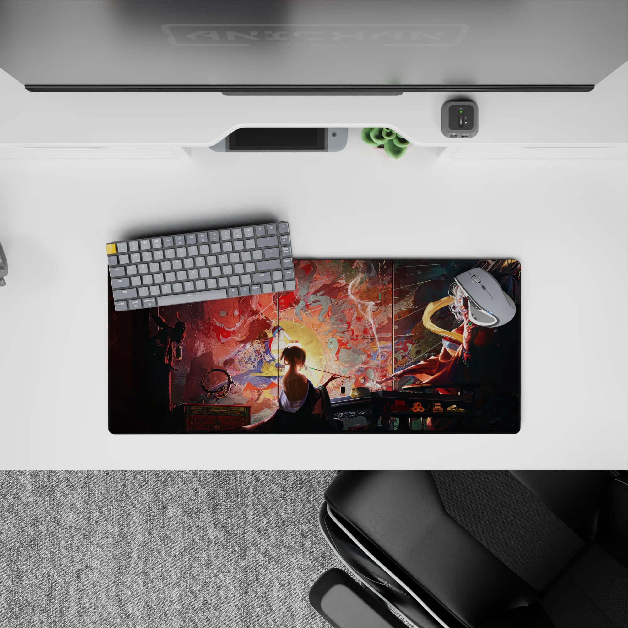 Anime mouse pad 28x12 inches, featuring a mystical scene with a lone figure painting amid swirling demons and gods.