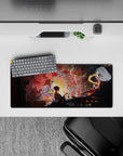 Anime mouse pad 28x12 inches, featuring a mystical scene with a lone figure painting amid swirling demons and gods.