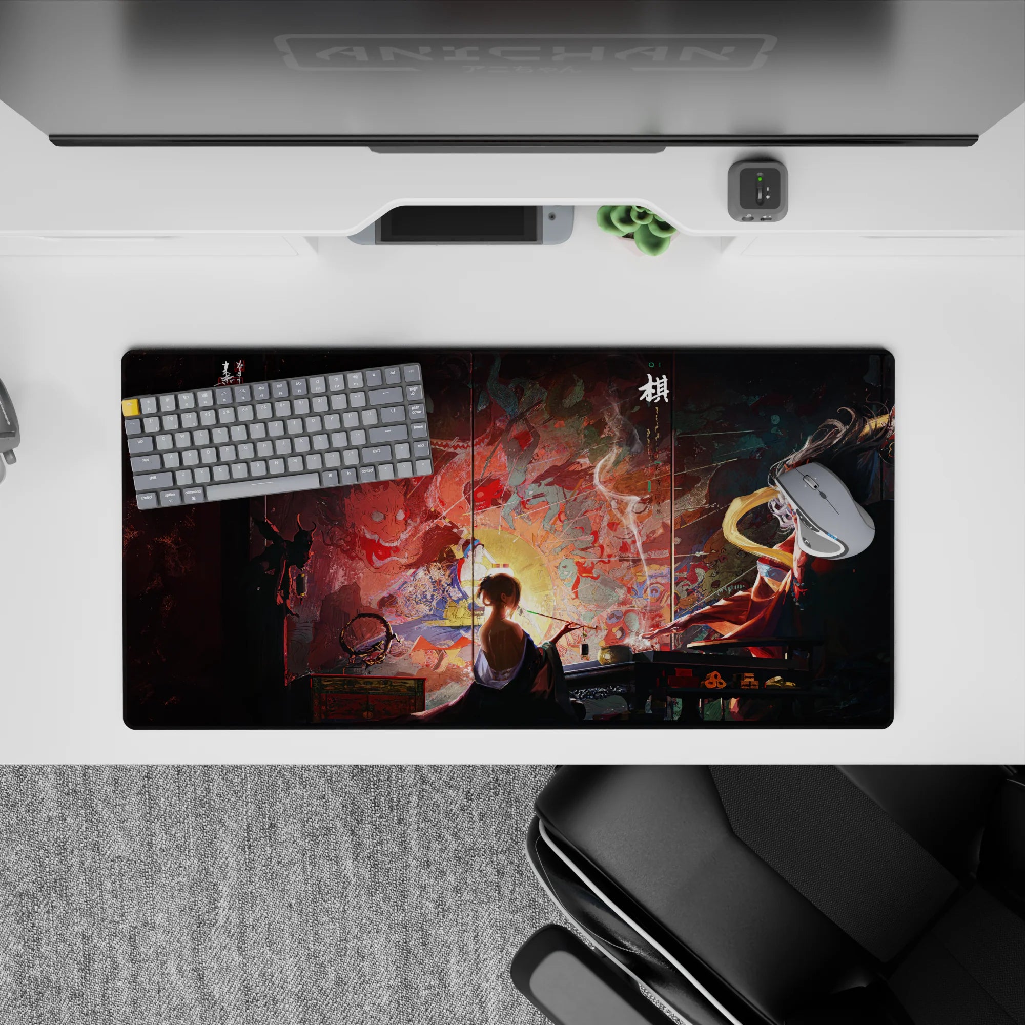 Anime mouse pad 32x16 inches featuring a lone artist amidst swirling demons, gods, and battles in crimson brushstrokes.