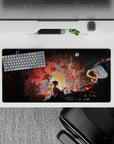 Anime mouse pad 32x16 inches featuring a lone artist amidst swirling demons, gods, and battles in crimson brushstrokes.