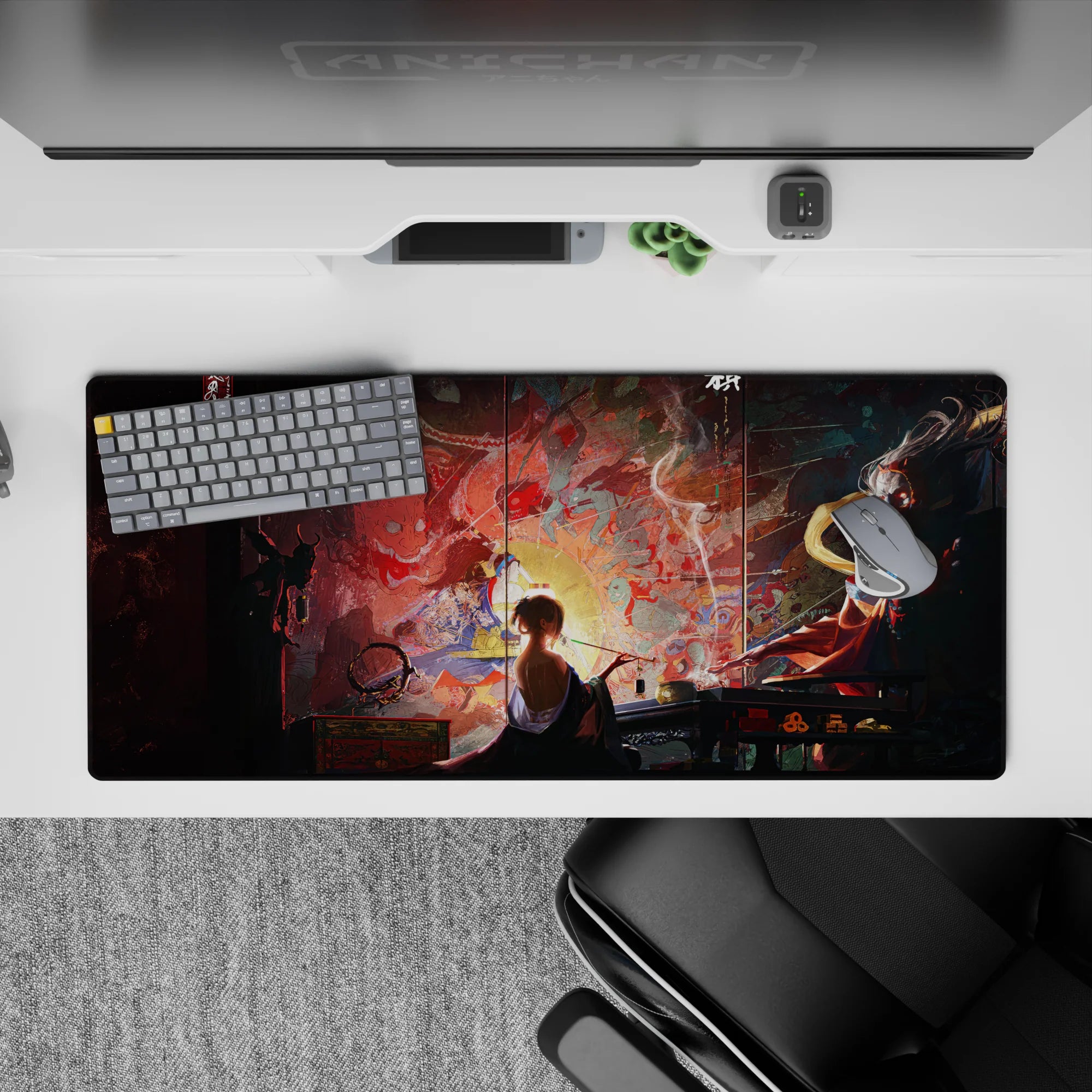 Anime desk pad 36x16 inches featuring mystical scenes with a lone figure, swirling demons, and ancient gods in vivid detail.