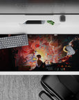 Anime desk pad 36x16 inches featuring mystical scenes with a lone figure, swirling demons, and ancient gods in vivid detail.