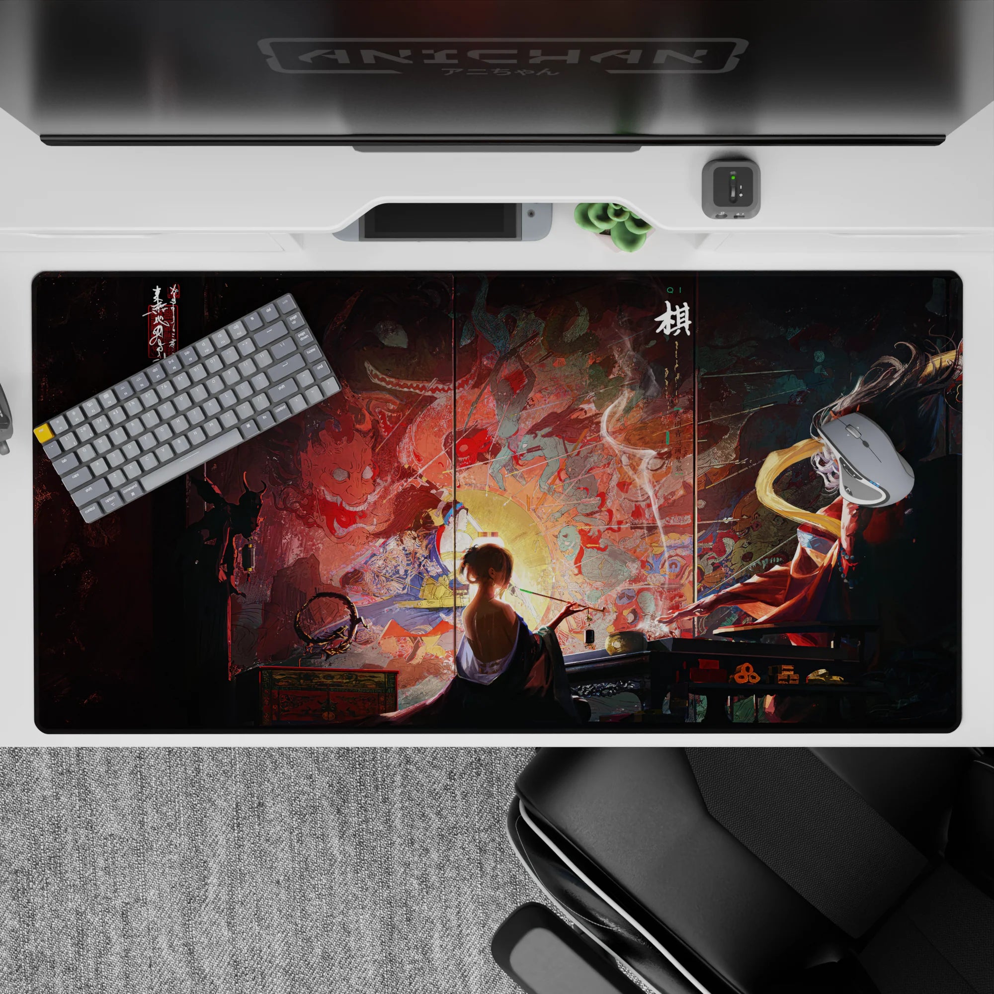 Anime desk pad 40x20 inches featuring a mystical scene with a lone artist, swirling demons, gods, and ancient battles.