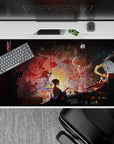 Anime desk pad 40x20 inches featuring a mystical scene with a lone artist, swirling demons, gods, and ancient battles.