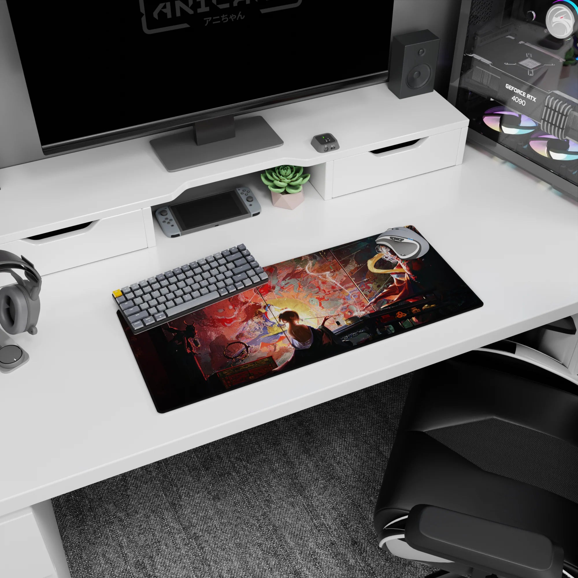 Anime mouse pad 28x12 inches featuring a mystical scene with a lone figure painting by lamplight, surrounded by spirits.