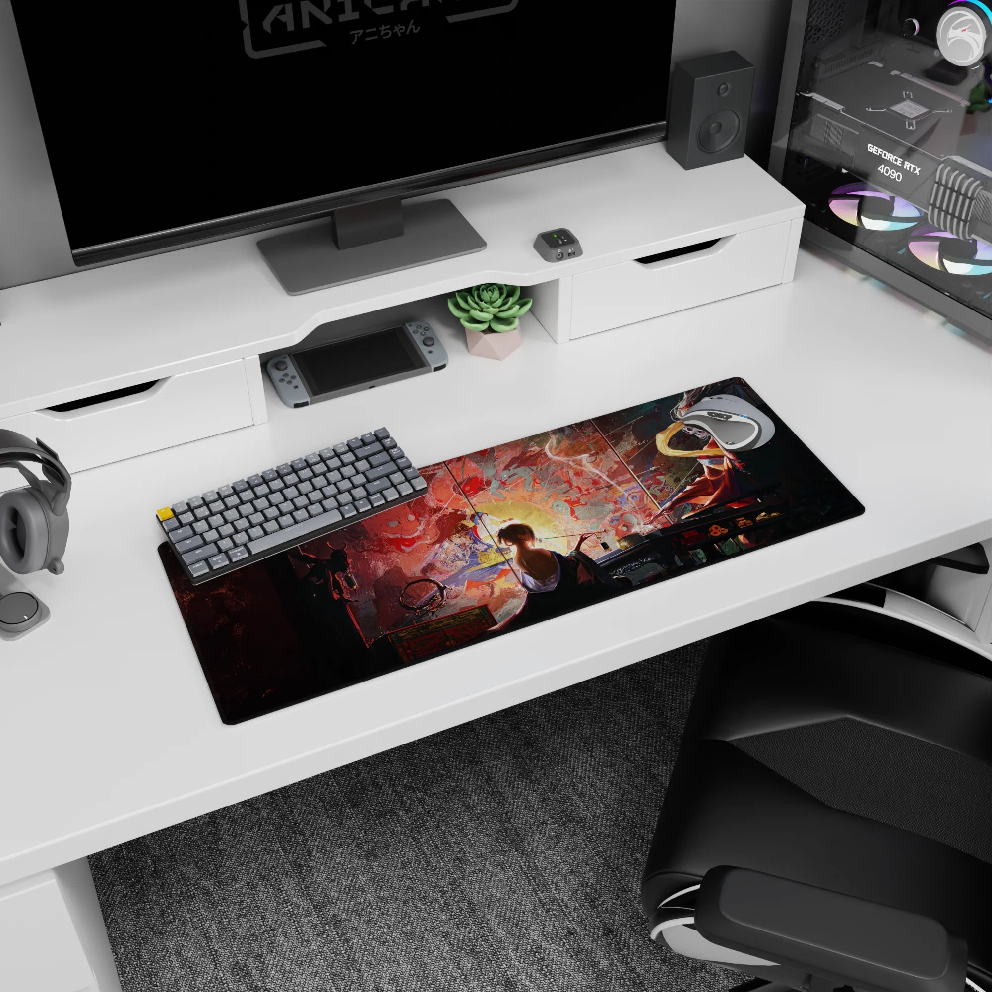 Anime mouse pad 32x12 inches featuring a lone figure painting amidst mystical demons and gods, surrounded by ancient, electric ambiance.