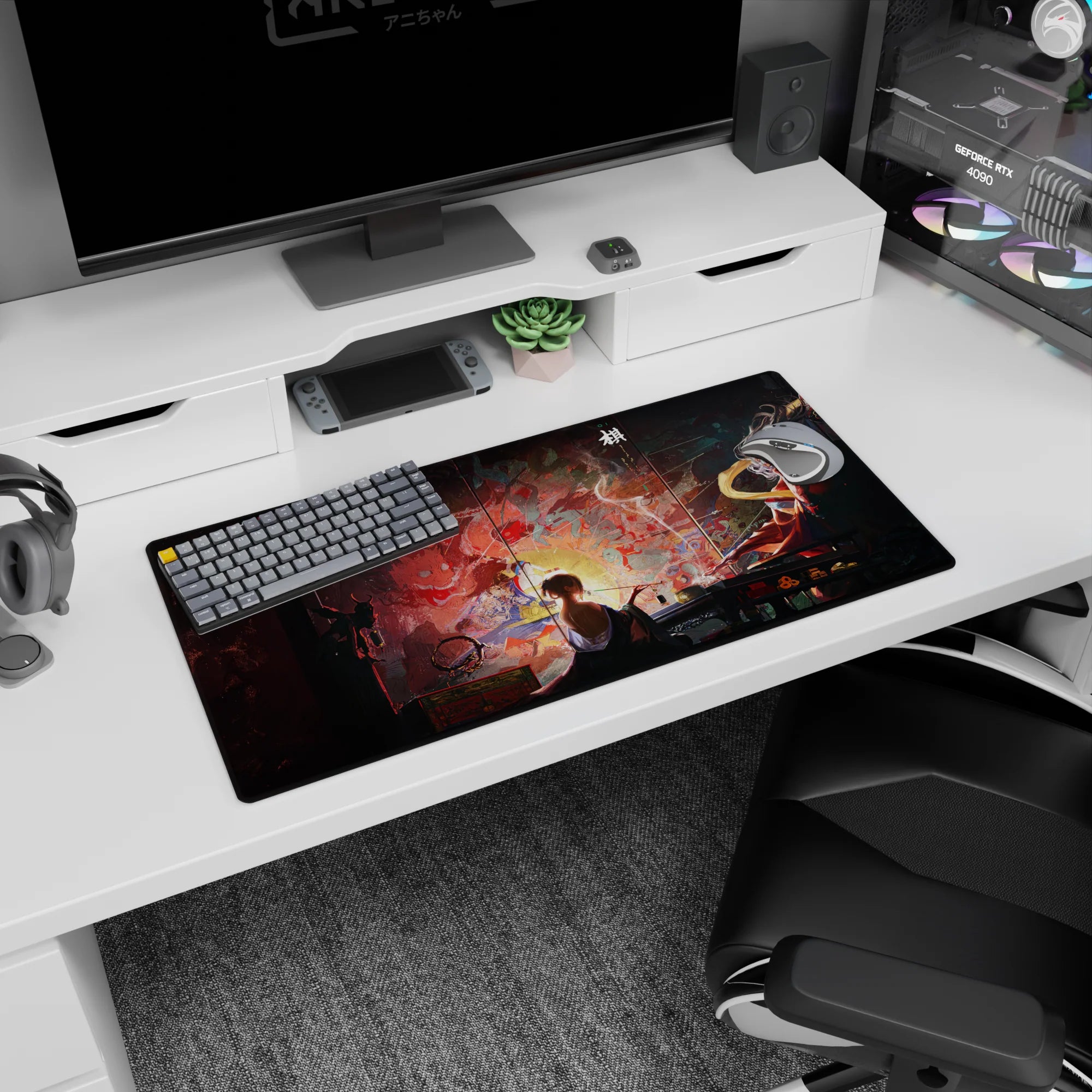 Anime mouse pad 32x16 inches featuring a mystical scene with a lone figure painting amidst swirling demons and gods.